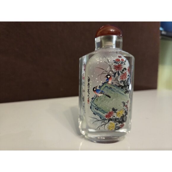 Vtg Chinese Reverse Painted Snuff Bottle Stopper Birds Flowers Cherry Blossoms - Picture 4 of 15